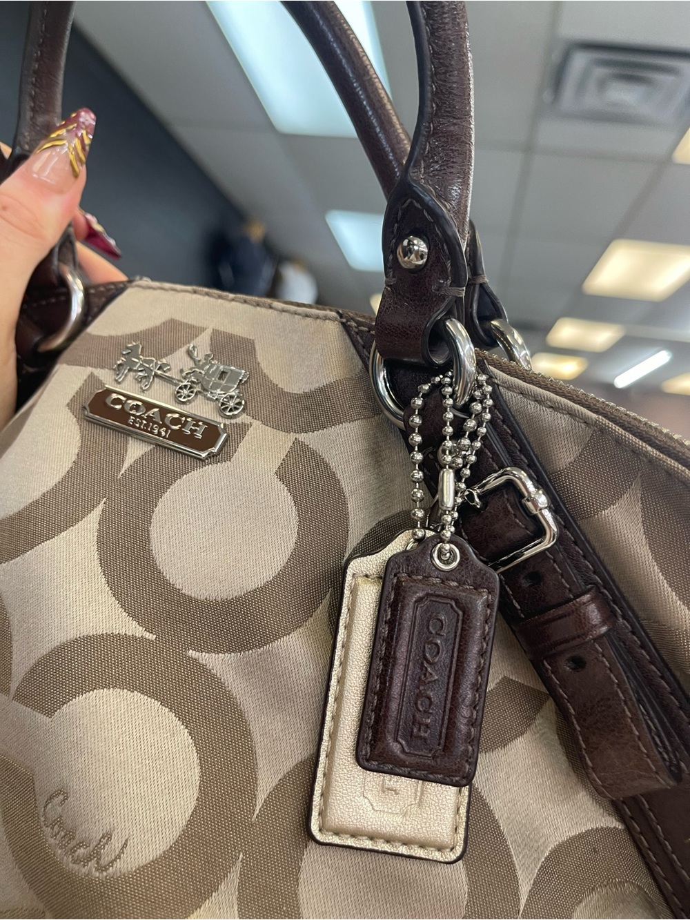 Coach Beige Signature Canvas Satchel with Brown Leather Trim - Picture 7 of 9
